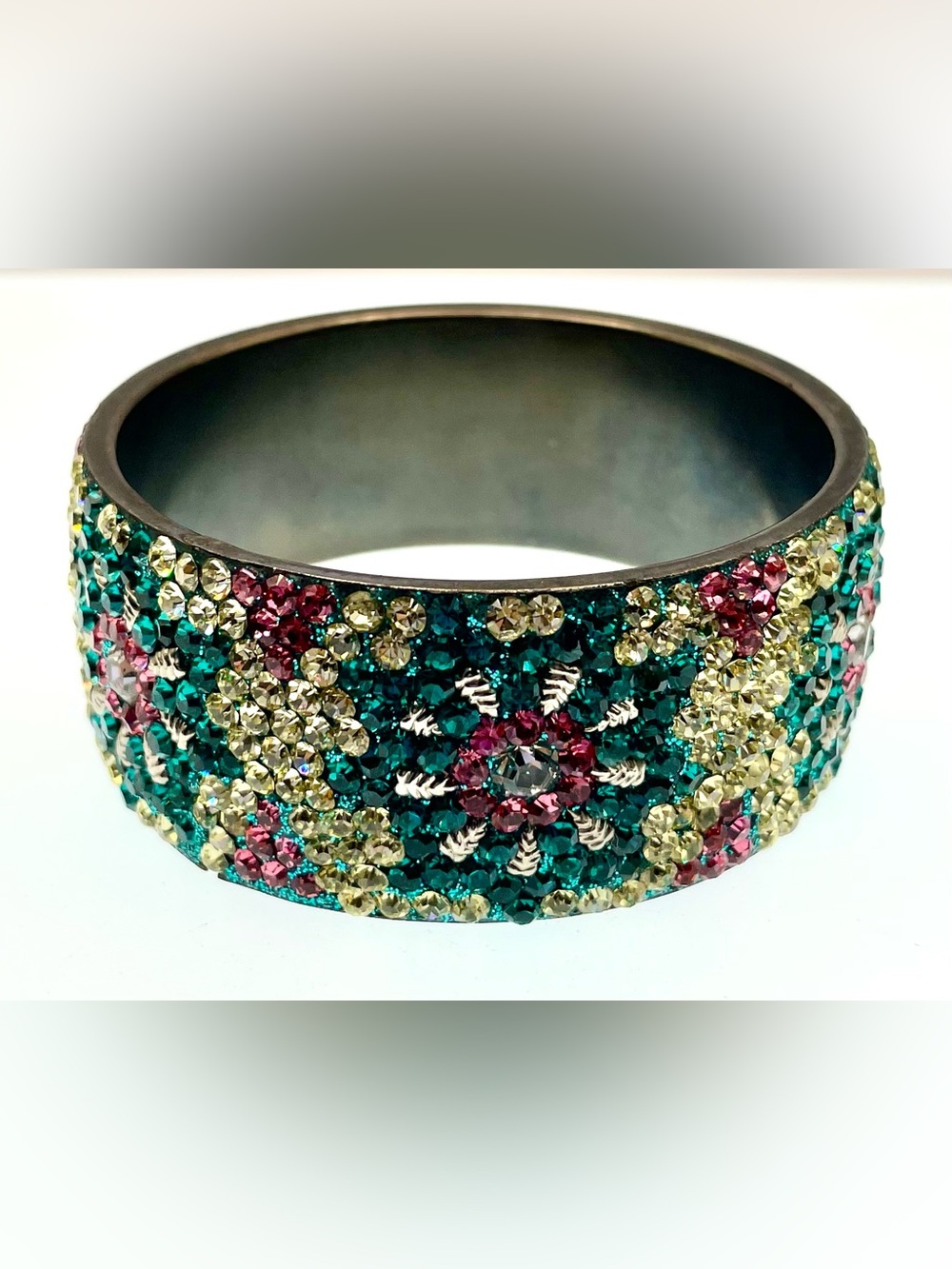 Vintage Rhinestone Crystal Floral Cuff Bracelet Wide Multicolor Statement - Picture 9 of 10